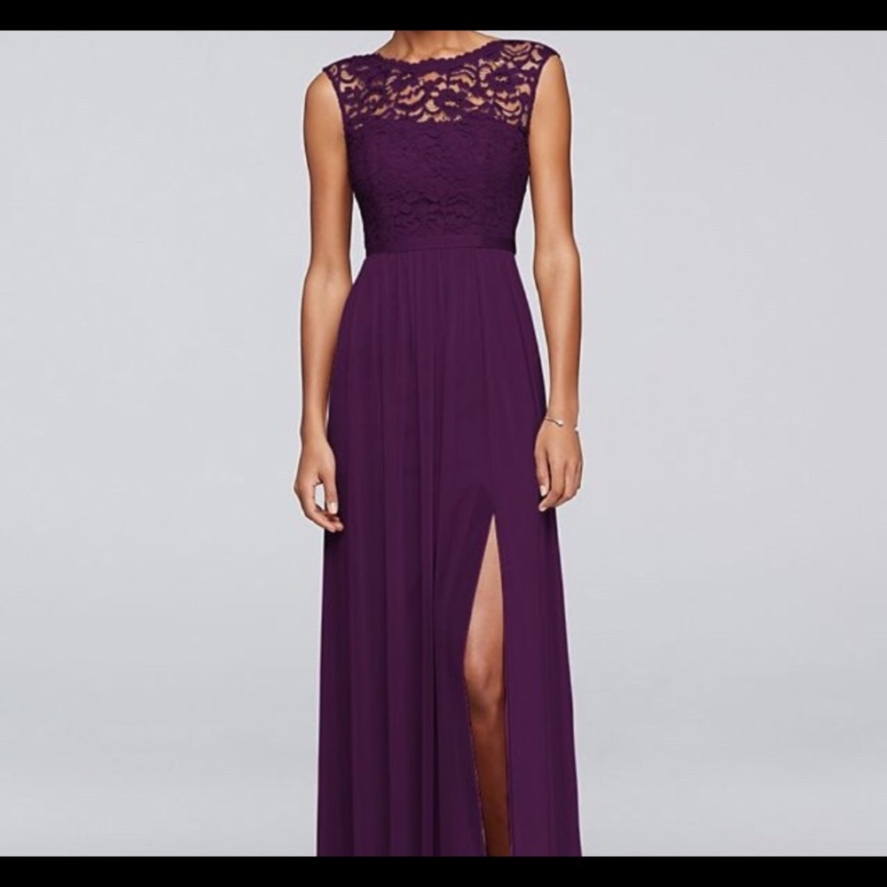 David’s Bridal Lace Bodice Plum Dress F19328